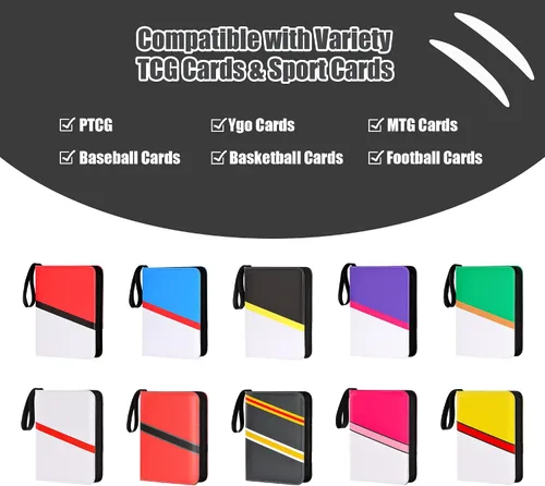 Miniatura 6 de Carpeta para tarjetas coleccionables de 4 bolsillos con cremallera y correa de mano, capacidad para hasta 400 tarjetas, carpeta TCG de piel