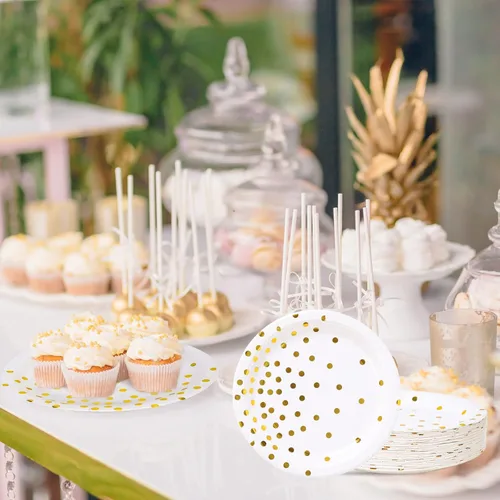 Miniatura 7 de Platos de papel blanco y dorado, 100 unidades, platos de postre de puntos dorados de 7 pulgadas, suministros de fiesta desechables para cumpleaños