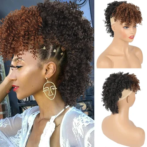 Miniatura 11 de Aisaide Cola de caballo afro Mohawk alta con flequillo sin cordón, extensión de cola de caballo corta rizada sin cordón, clip sintético en moño