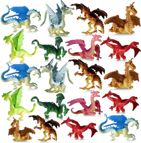 Bedwina Figuras de juguete de mini dragón, paquete de 12 figuras de dragón de goma de plástico de 2 pulgadas en varios colores y estilos, juguetes