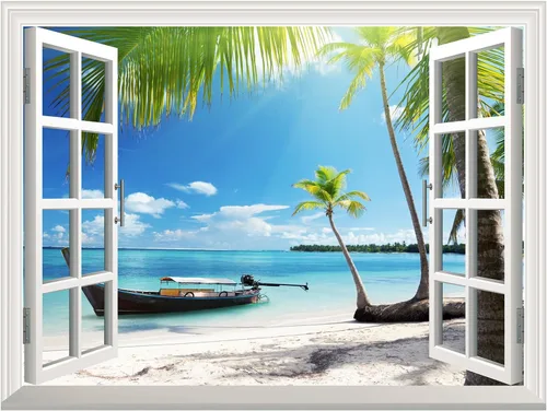 Miniatura 2 de wall26 Mural de pared adhesivo extraíble – Barco en la orilla del mar Decoración creativa de pared con vista de ventana – 24 x 32 pulgadas Barco