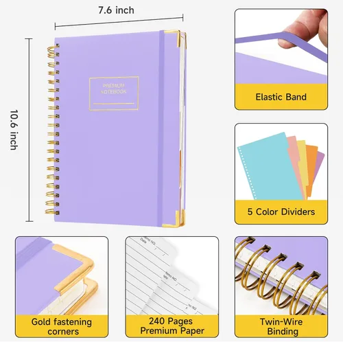 Miniatura 2 de Huhuhero Cuaderno de espiral, 240 páginas, cuaderno de 5 materias con rayas universitarias, 7.6 x 10.5 pulgadas, bonitos diarios en espiral forrados