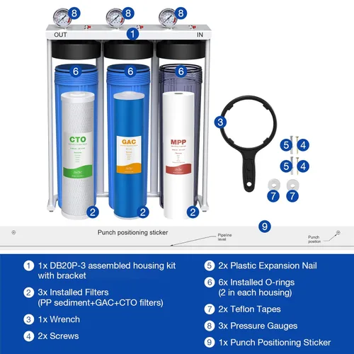 Miniatura 9 de SimPure Sistema de Filtro de Agua para Toda la Casa, Prefiltración de Agua Doméstica Transparente de 3 Etapas con Filtros de Sedimento de Carbón