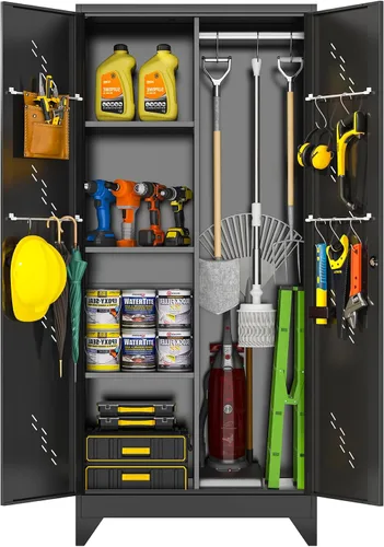 Miniatura 7 de OSEILLC Armario de Almacenamiento de Metal con Puertas con Cerradura, 61" de Alto para Garaje con Barra Colgante, Armario Escobero, Gabinete