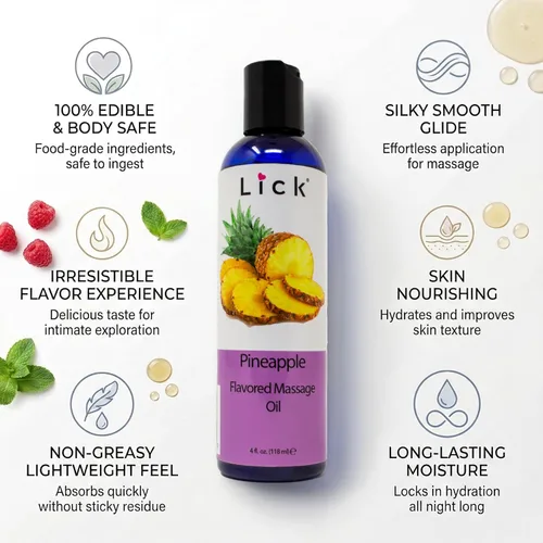 Miniatura 4 de Lick Aceite de masaje con sabor a piña, aceite de masaje comestible dulce tropical con vitamina E, deslizamiento suave y seguro para el cuerpo