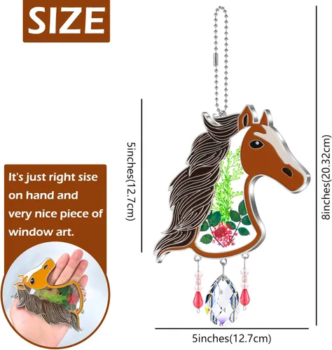 Miniatura 7 de KY&BOSAM Atrapasoles de cristal pintado a mano con cabeza de caballo, campanilla de viento con flor prensada incrustada en ventana de cristal, Día