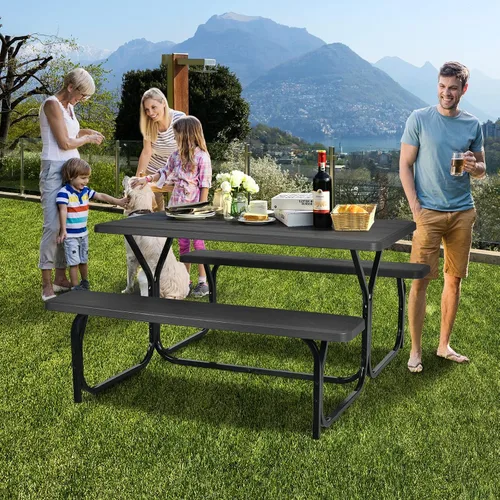 Miniatura 4 de HAPPYGRILL Juego de mesa de picnic al aire libre con marco de metal y superficie resistente a todas las condiciones climáticas, juego de mesa
