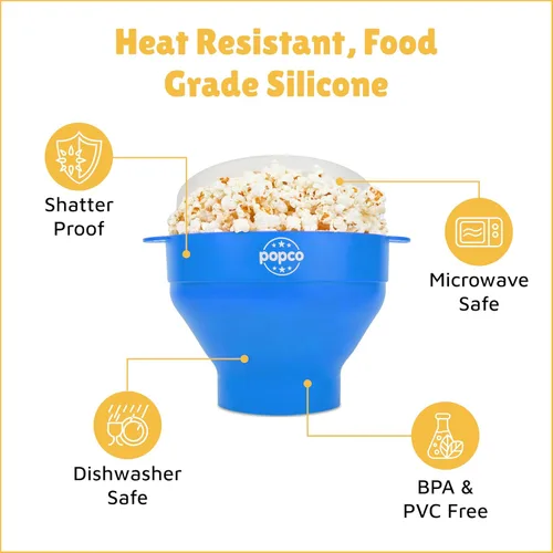 Miniatura 6 de Popco Máquina de palomitas de maíz de silicona, para microondas con asas, cuenco plegable, resistente al calor, fácil de limpiar, ideal para noches