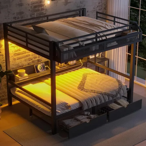 Miniatura 11 de Bellemave Litera Twin XL sobre Queen con estantes de almacenamiento y luces LED, literas de metal con escaleras, marco de litera resistente