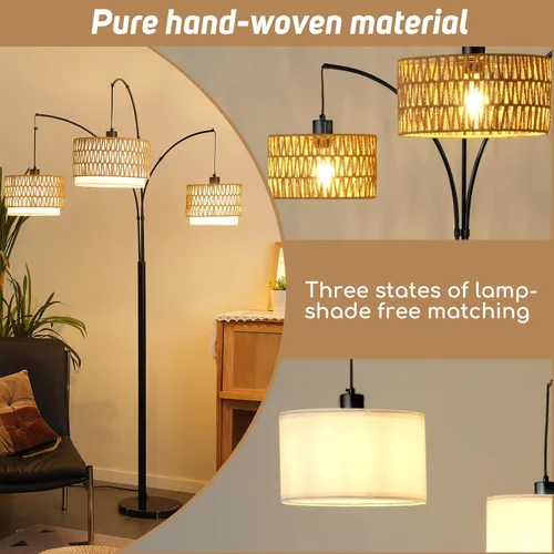 Miniatura 6 de Lámpara de pie de ratán para sala de estar, lámpara de pie boho de 80 pulgadas de altura con interruptor giratorio, lámpara de arco de 3 luces