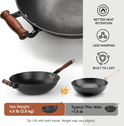 Miniatura 4 de WANGYUANJI Olla de hierro fundido, wok chino de 13.4 pulgadas, wok de hierro de fondo plano con tapa, sartén adecuada para inducción, eléctrica