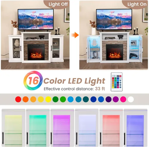 Miniatura 2 de Tangkula Soporte de TV para chimenea eléctrica, chimenea eléctrica con luces LED de 16 colores, estantes de vidrio ajustables, control remoto