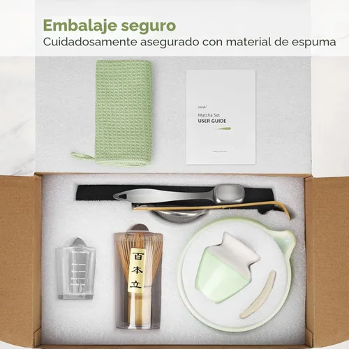 Miniatura 6 de Joiish Juego de batidor de matcha, kit de matcha de 10 piezas, batidor de bambú y cuenco de cerámica con boquilla y cuchara medidora y taza, Verde