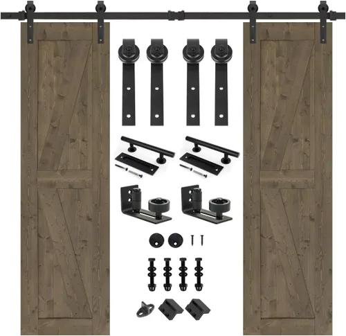 Miniatura 26 de S&Z TOPHAND 20 pulgadas x 84 pulgadas. Puerta de granero anudada británica sin terminar con kit de herrajes deslizantes de 4 pies/madera