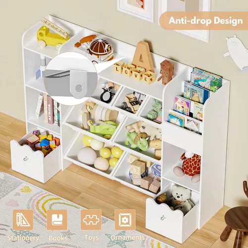 Miniatura 8 de HOMMPA Organizador de almacenamiento de juguetes para niños de 55 pulgadas de ancho con 2 cajones movibles, estantería de 4 niveles para niños