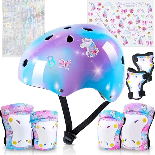 Miniatura 15 de Casco para niños, casco de bicicleta para niños pequeños con pegatinas DIY Unicornio, rodilleras y coderas ajustables, juego de protección para Rosa