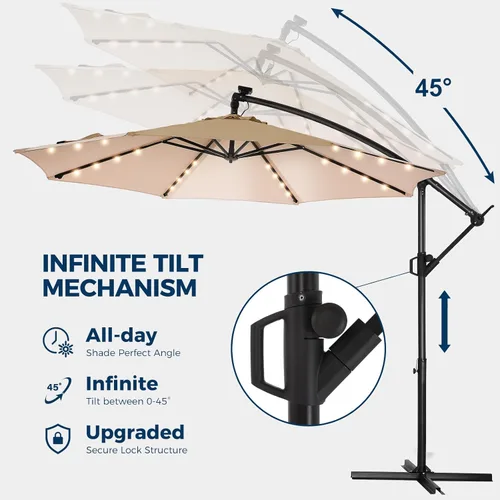 Miniatura 6 de HOMSHADE - Sombrilla de patio de 10 pies con luces solares, voladiza, con luz y base, sombrilla colgante para exteriores con protección UV UPF50+