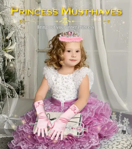 Miniatura 4 de Accesorios de disfraz de princesa BIBUTY, juego de 7 piezas para niñas pequeñas con corona de princesa, varita, guantes, collar, aretes, pulsera