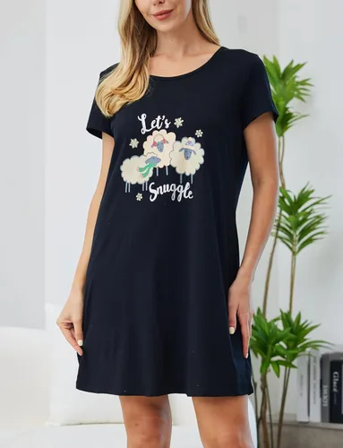 Miniatura 2 de PNAEONG - Camisón de algodón para mujer, de manga corta y con estampado, ropa de dormir informal
