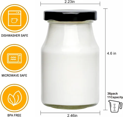 QAPPDA Juego de 36 botellas de vidrio de 6 onzas, botellas de leche de vidrio transparente con tapa, botellas de jugo reutilizables de 6.8 fl oz,