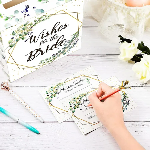 Miniatura 5 de Outus Caja de 51 tarjetas de boda con hojas de salvia con tarjetas de consejos, caja de tarjetas de despedida de soltera, cajas de sobre