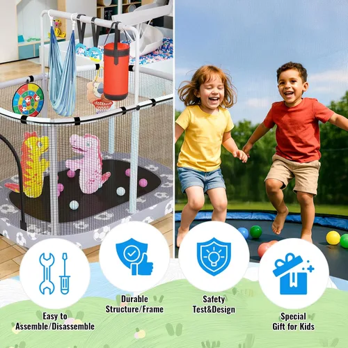 Miniatura 3 de LAMERGE Trampolín redondo 7 en 1 de 55 pulgadas para niños y niñas de 1 a 8 años, trampolín para interiores y exteriores para diversión, barandilla
