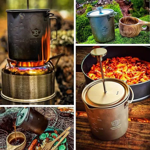 Miniatura 3 de Bestargot Olla de titanio de 750 ml, prensa francesa portátil Olla de camping ultraligera para café, cocina y supervivencia Compatible