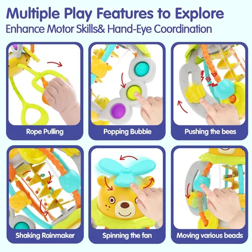 Miniatura 9 de Juguetes Montessori HOLA para niños de 1 año, juguetes para dentición con sonajero para bebés de 0-6 y 6-12 meses, juguetes sensoriales de silicona