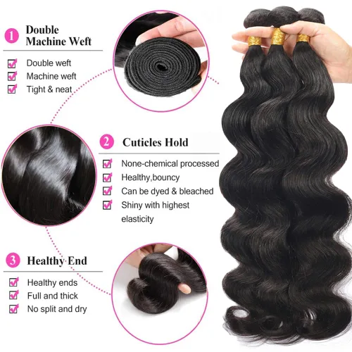 Miniatura 2 de Paquete de Cabello Humano Ondulado 3 paquetes (10, 12, 14 pulgadas) Extensiones de Cabello Virgen Brasileño 100% Sin Procesar Color Negro Natural