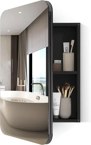 Botiquín de baño de 24 x 16 pulgadas, color negro, botiquines de baño montados en la pared o armario con espejo empotrado, botiquines rectangulares