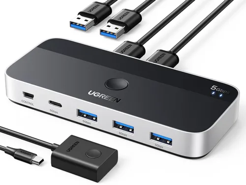 UGREEN Interruptor USB 3.0, 2 Computadoras Compartiendo Dispositivos USB C y A, Selector USB de 4 Puertos Compartiendo Teclado y Mouse, Hub de