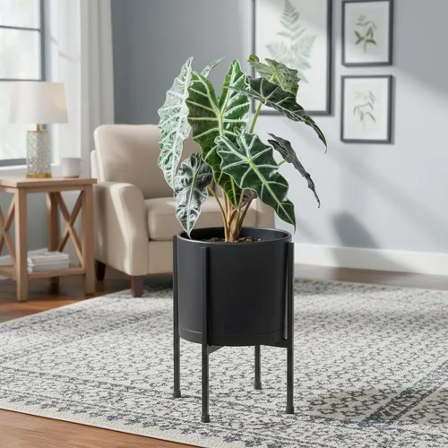 Miniatura 2 de D'vine Dev Maceta negra de 8 pulgadas con soporte, moderna maceta cilíndrica de plástico con soporte de metal resistente para plantas