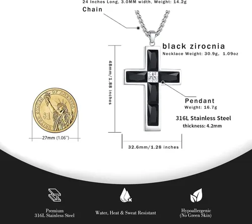 Miniatura 33 de Collar de cruz para hombre, piedras preciosas de color piedra natal de circonita cúbica, collar de acero inoxidable para hombre, cadena de 24