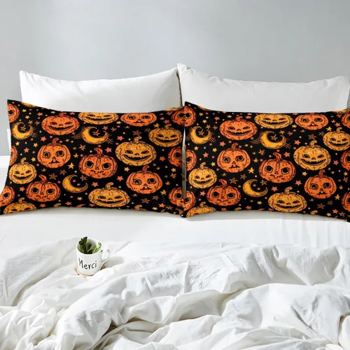 Miniatura 6 de Juego de edredón de calabaza para niños, con estampado de calabaza, estilo Halloween, juego de ropa de cama para niños, juego de ropa de cama