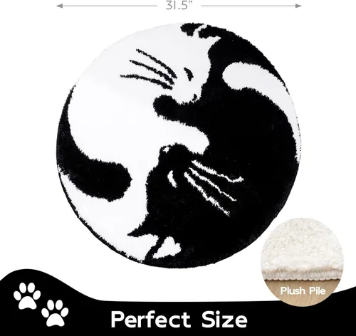 Miniatura 2 de Bonita alfombra de baño con diseño de gato Yin Yang, accesorio redondo de ducha de animales en blanco y negro, microfibra antideslizante lavable