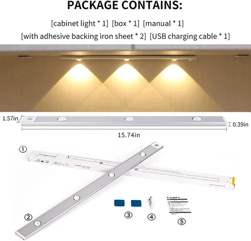 Miniatura 4 de Luz magnética inalámbrica para debajo del gabinete de 15.7 pulgadas, con sensor de movimiento, luz nocturna recargable por USB con control remoto, 1