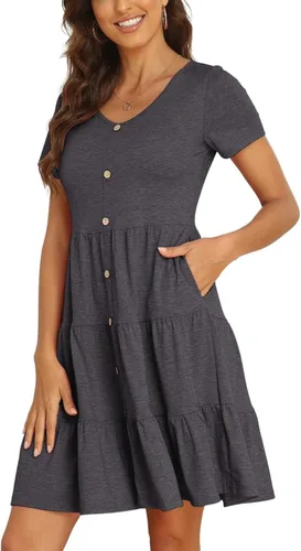 Sexyasasii Vestido corto de verano de manga corta con cuello en V y botones para mujer
