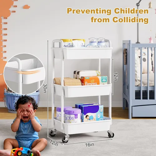 Miniatura 2 de Carrito rodante de 3 niveles con ruedas, carrito de plástico blanco de tres niveles con ruedas con cerradura, carrito organizador de almacenamiento
