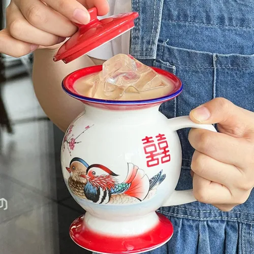 Miniatura 9 de SHERCHPRY Tazas de leche de cerámica, Taza en forma de escupitón con tapa, Tazas de broma, Tazas chinas retro de porcelana, Tazas de agua