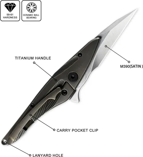 Miniatura 2 de Petrified fish PFE10 - Cuchillo plegable para colibrí, hoja de satén M390 de 1.06 pulgadas, mango de titanio de 1.05 onzas, cuchillo de bolsillo