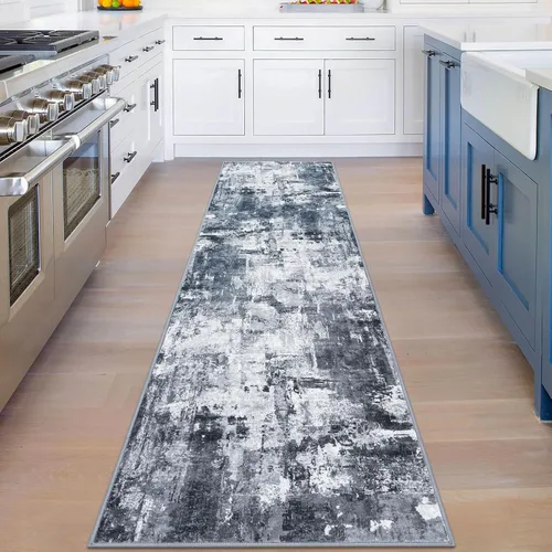 Miniatura 3 de KOZYFLY – Alfombra de pasillo moderna y lavable de diseño abstracto, 2 x 8 pies, antideslizante, suave de pelo corto, en tonos gris y negro, ideal
