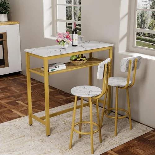 Miniatura 8 de LUMISOL Juego de mesa de barra de 3 piezas con almacenamiento para 2, moderno juego de mesa de comedor de metal con 2 taburetes, ahorra espacio