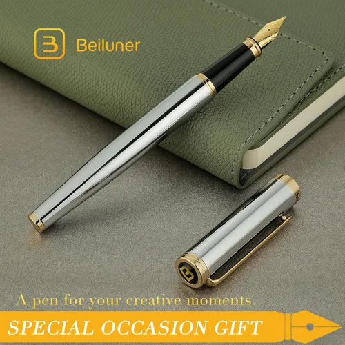 Miniatura 7 de BEILUNER Pluma Estilográfica Cromada Plateada, Impresionante Lujo con Acentos de Oro de 24K, Hermosa Plumilla Dorada de 24K (Mediana), Regalo