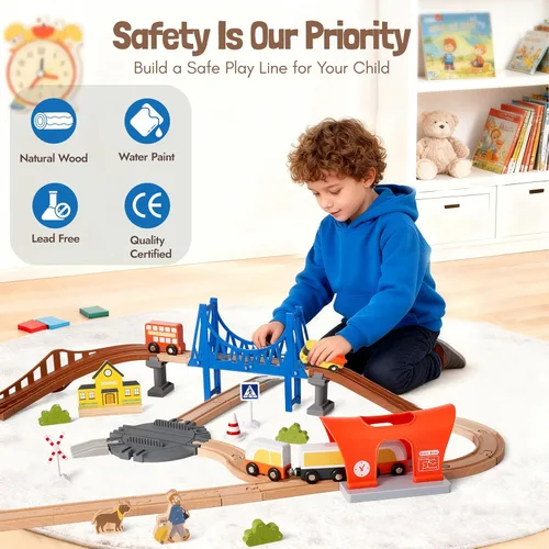 Miniatura 6 de Juego de tren de madera de 94 piezas, pista de tren de aventura moderna para niños con puente, túnel, grúa, edificios de la ciudad, compatible