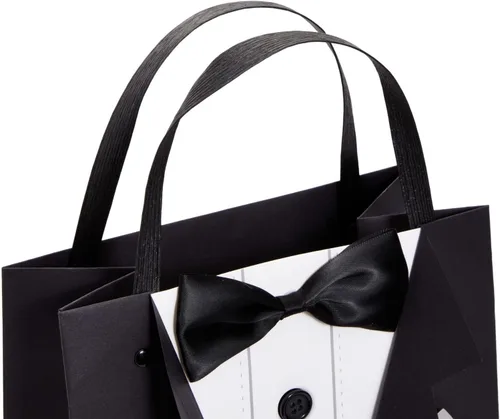 Miniatura 7 de Sparkle and Bash Bolsas de regalo para padrinos de boda con diseño de esmoquin 3D, pajarita de satén y botones reales, color negro, paquete de 6, 8