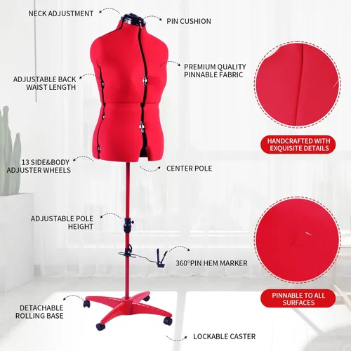 Miniatura 5 de Forma de Vestido Maniquí Femenino Ajustable para Costura Tallas 12-18, Forma de Cuerpo para Alfileres con 13 Diales, Base Rodante Desmontable, Rango