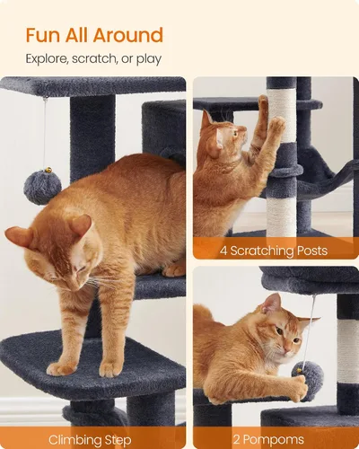 Miniatura 8 de Feandrea - Árbol para gatos de varios niveles para interiores, torre para gatos tipo condominio con 4 postes para rascar, 2 posaderos, hamaca y Gris