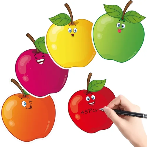 45 piezas de recortes de manzana, decoraciones de aula, coloridos recortes de tablón de anuncios de manzana, etiquetas de nombre para decoración de