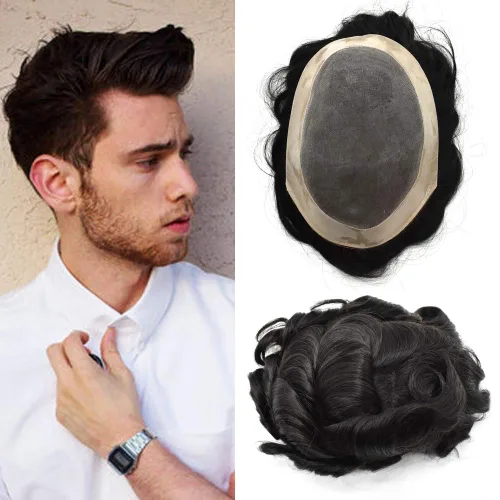 Toupee de cabello humano fino mono revestido de poliéster para hombre, postizo de monofilamento duradero NPU monofilamento tupé para hombres,