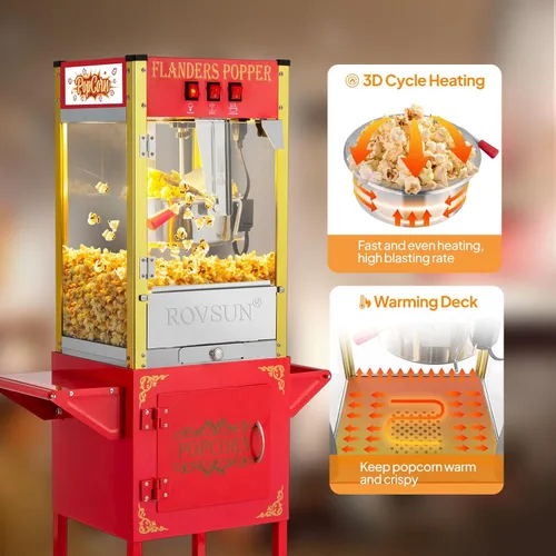 Miniatura 2 de Máquina de palomitas ROVSUN con carro, ruedas y hervidor de 8 oz, hace hasta 32 tazas, certificada ETL, máquina de palomitas con cuchara de acero